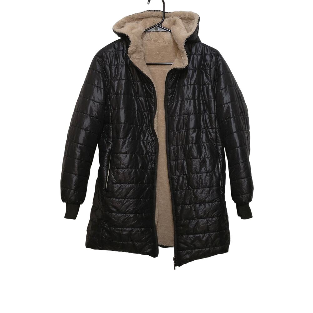 SHEIN Size 3 Black Quilted Hooded Puffer Coat with Cream Faux Fur